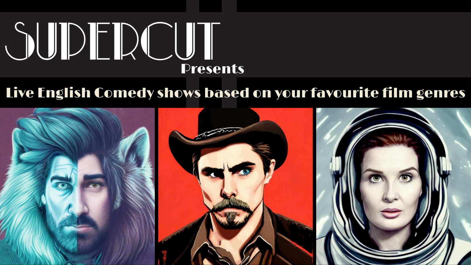 Poster with cartoon drawing of 5 faces arranged in the barrel of a gun